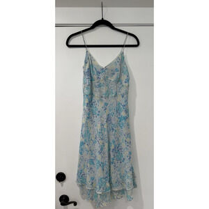 Vintage Y2K Ann Taylor Silk Midi Dress Size 2 Blue Floral Print Fairy Whimsy